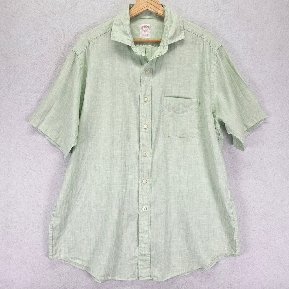 Brooks Brothers Irish Linen Button Down Shirt Mens L Green Traditional Fit